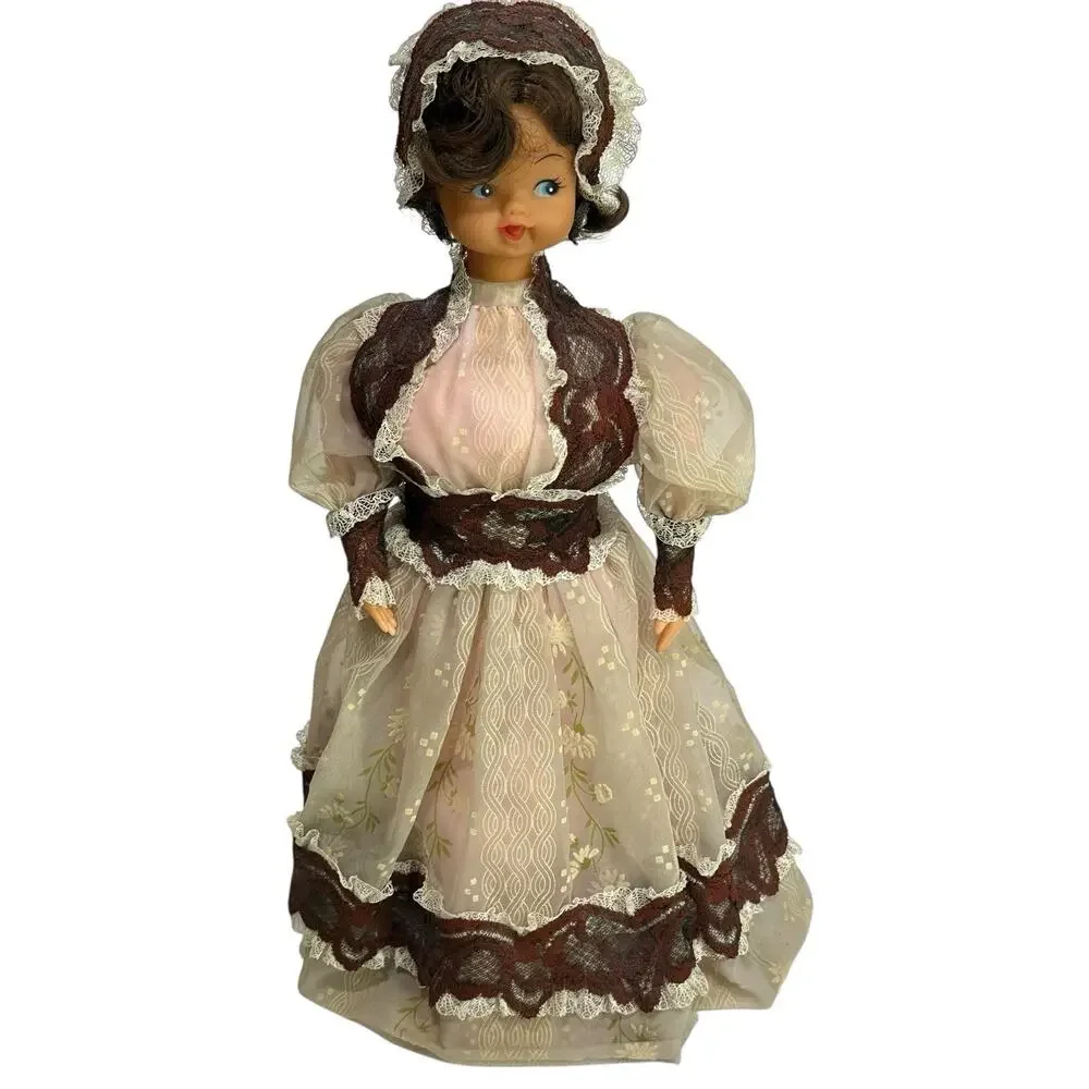 Vintage Victorian Style Souvenir Doll Lace Dress Metal Hoop Skirt 16”